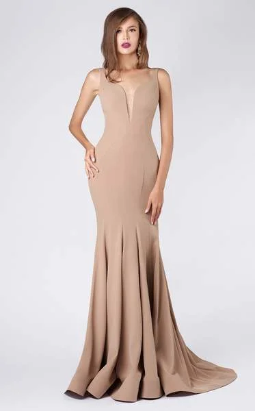 Epic Deals MNM COUTURE - Illusion V Neck Crepe Trumpet Evening Gown M0008