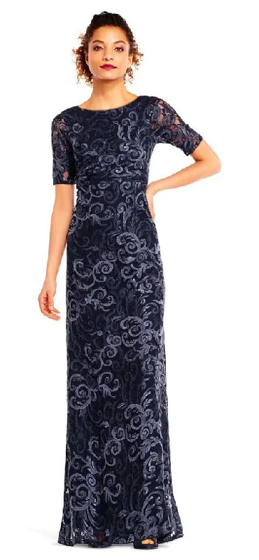 Act Now Adrianna Papell - Sequin Lace Embroidered Swirl Mesh Dress AP1E201418 - 1 Pc Midnight in Size 10 Available Act Now Adrianna Papell - Sequin Lace Embroidered Swirl Mesh Dress AP1E201418 - 1 Pc Midnight in Size 10 Available