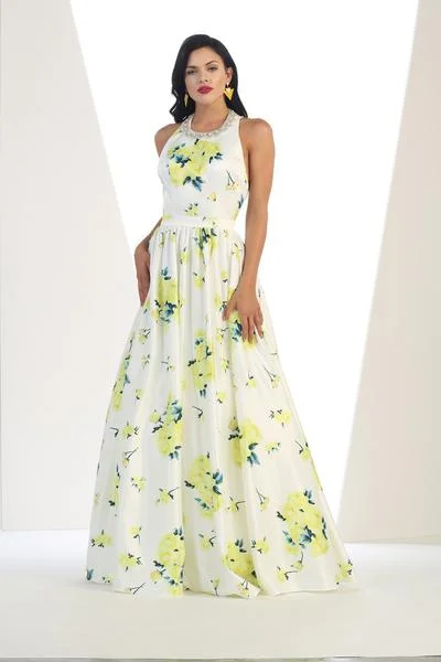 Hurry In May Queen - Jewel Neck Floral Print Satin Evening Gown RQ7426