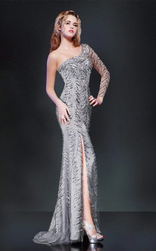 Deal Dash MNM Couture - Long Sleeve Asymmetrical Sequined High Slit Gown 8273 -2 pcs Gold in Size 6 Available