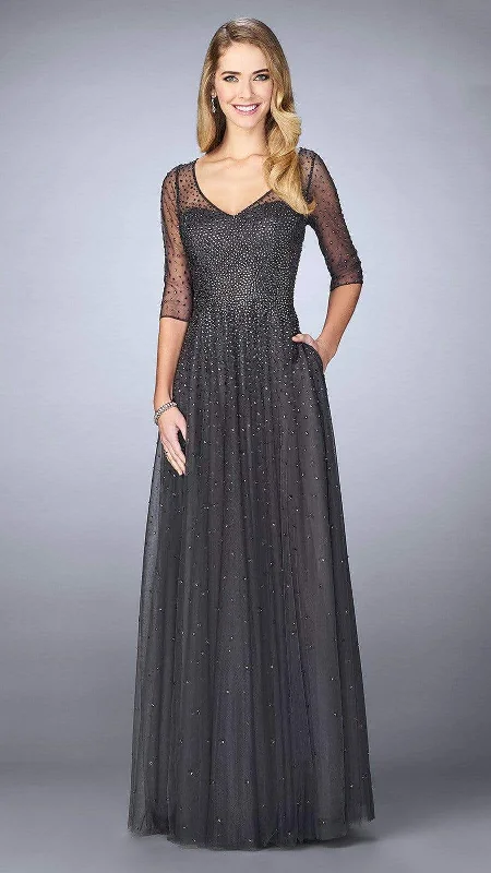 Fantastic Offers La Femme - 24894SC Sheered Sequined Quarter Length Sleeved Evening Gown