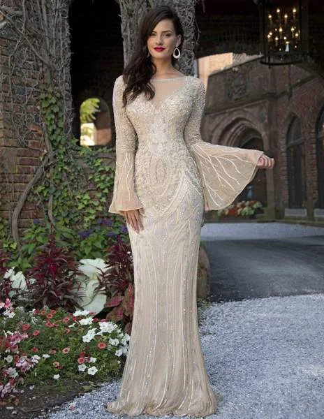 Deal Mania Primavera Couture - Embellished Long Bell Sleeve Bateau Dress 3284 - 1 pc Beige In Size 2 Available Deal Mania Primavera Couture - Embellished Long Bell Sleeve Bateau Dress 3284 - 1 pc Beige In Size 2 Available