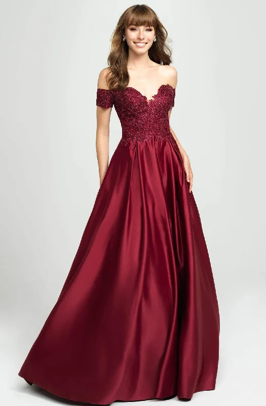 Closeout Madison James - Beaded Appliqued Off Shoulder Satin A-Line Gown 19-102 - 1 pc White In Size 08 Available Closeout Madison James - Beaded Appliqued Off Shoulder Satin A-Line Gown 19-102 - 1 pc White In Size 08 Available