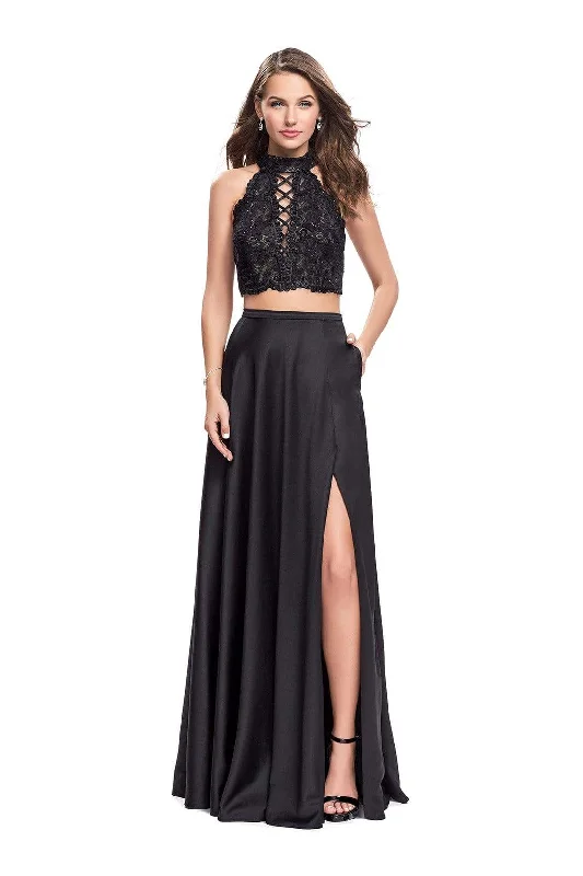 Price Fest La Femme - Two-Piece High Halter Lace Up Bodice A-Line Gown 25263 - 1 pc Black In Size 8 Available Price Fest La Femme - Two-Piece High Halter Lace Up Bodice A-Line Gown 25263 - 1 pc Black In Size 8 Available