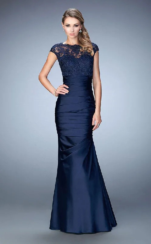 Grand Opening Sale La Femme - Beaded Lace Cap Sleeve Pleated Satin Gown 21961 - 1 pc Navy in Size 10 Available Grand Opening Sale La Femme - Beaded Lace Cap Sleeve Pleated Satin Gown 21961 - 1 pc Navy in Size 10 Available