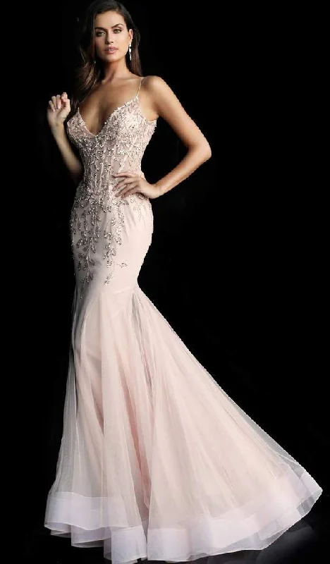 Deal Alert Jovani - Appliqued V Neck Trumpet Evening Gown 63704SC