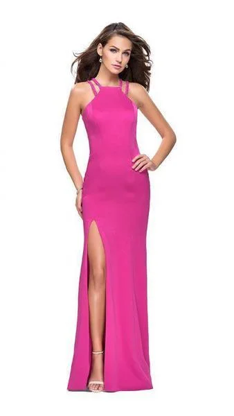 Price Break La Femme - Sleeveless High Halter Satin Sheath Gown 25540SC - 1 pc Hot Fuchsia In Size 0 Available Price Break La Femme - Sleeveless High Halter Satin Sheath Gown 25540SC - 1 pc Hot Fuchsia In Size 0 Available