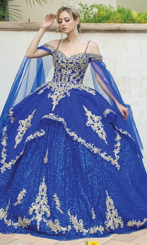 Price Slash Dancing Queen - 1638 Cold Shoulder Cape Sleeve Ballgown