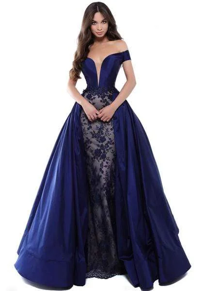 Limited Stock Tarik Ediz - Floral Lace Deep Off-Shoulder Gown With Overskirt 50426 - 1 pc Navy In Size 6 Available Limited Stock Tarik Ediz - Floral Lace Deep Off-Shoulder Gown With Overskirt 50426 - 1 pc Navy In Size 6 Available