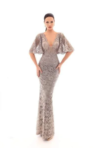 Last Chance Tarik Ediz - Lace Plunging V-Neck Bat Evening Dress 93640 - 1 pc Cloudy Blue In Size 12 Available Last Chance Tarik Ediz - Lace Plunging V-Neck Bat Evening Dress 93640 - 1 pc Cloudy Blue In Size 12 Available