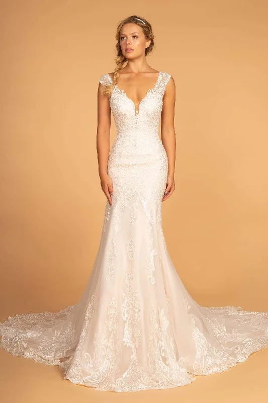 Special Discount GLS by Gloria - Cap Sleeve Deep V-Neck Lace Trumpet Dress GL2595 - 1 pc Ivory/Cream In Size S Available