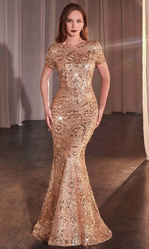 Sale Event Ladivine CC3700 - Short Sleeve Sequin Print Evening Dress
