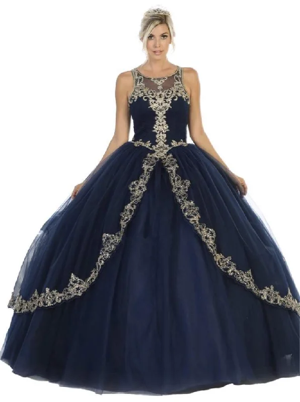 Major Savings May Queen - Scoop Appliqued Pleated Ballgown LK117 - 1 pc Navy/Gold In Size 18 Available Major Savings May Queen - Scoop Appliqued Pleated Ballgown LK117 - 1 pc Navy/Gold In Size 18 Available