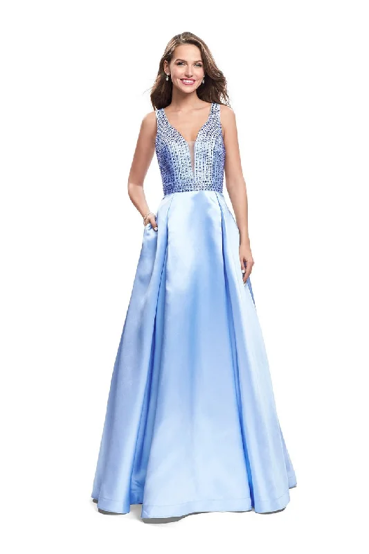 Blowout Sale La Femme Gigi - Deep V-Neck Beaded Satin A-line Gown 26293 - 1 pc Powder Blue In Size 8 Available Blowout Sale La Femme Gigi - Deep V-Neck Beaded Satin A-line Gown 26293 - 1 pc Powder Blue In Size 8 Available