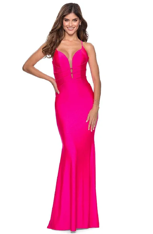 Can't Miss La Femme - 28905 Deep V-neck Strappy Back Sheath Dress