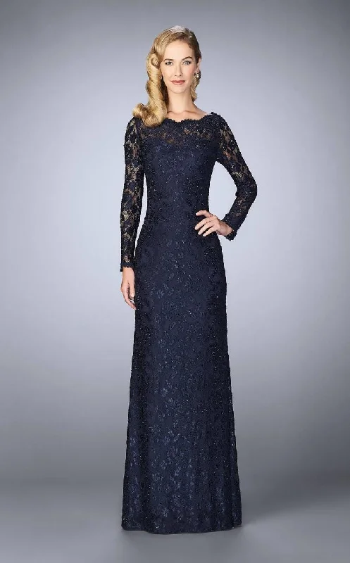 Weekend Flash Sale La Femme - Long-Sleeved Scalloped Lace Evening Gown 24869