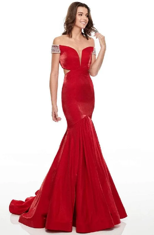 Clearance Items Rachel Allan - 7016 Illusion Deep Off-Shoulder Prom Dress - 1 pc Deep Red In Size 6 Available