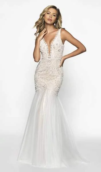 Midnight Sale Flair Prom - Embellished Illusion Plunging Neck Tulle Trumpet Dress 19213 - 1 pc Ivory/Nude In Size 8 Available Midnight Sale Flair Prom - Embellished Illusion Plunging Neck Tulle Trumpet Dress 19213 - 1 pc Ivory/Nude In Size 8 Available
