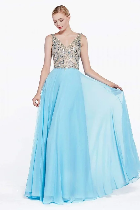 Early Bird Discount Cinderella Divine - Sheer Long Bell Sleeves Beaded Chiffon Evening Gown