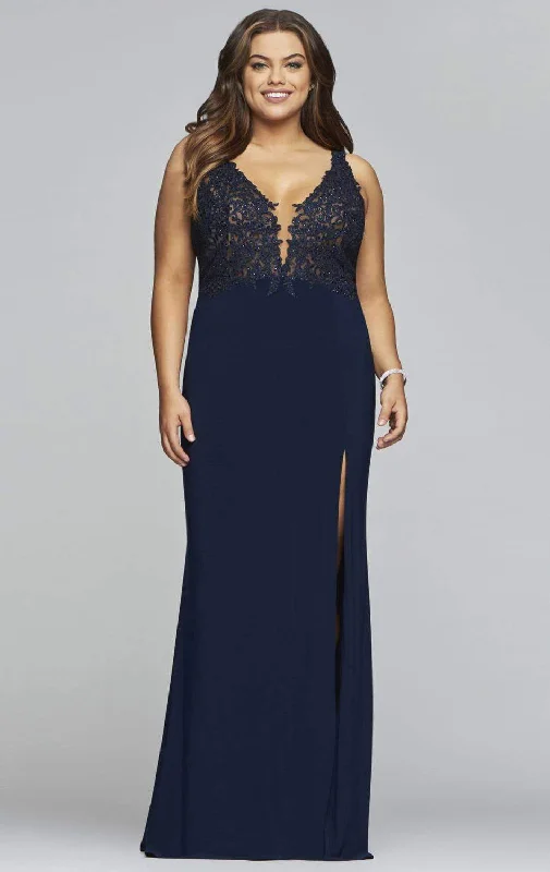 Discount Extravaganza Faviana - Lace Applique V-Neck Jersey Sheath Dress 9463 - 2 pcs Navy In Size 18W Available Discount Extravaganza Faviana - Lace Applique V-Neck Jersey Sheath Dress 9463 - 2 pcs Navy In Size 18W Available