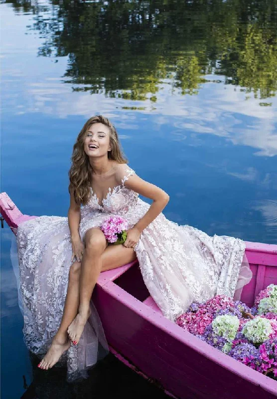 Sneak Peek Sale Tarik Ediz - Floral Lace A-line Dress With Slit 50416