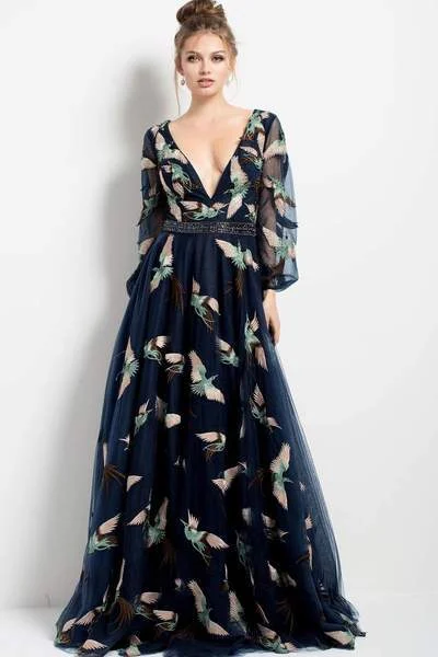Loyalty Reward Jovani - Deep V-Neck Long Sleeved Gown 55717 - 1 Pc Navy in Size 24 Available Loyalty Reward Jovani - Deep V-Neck Long Sleeved Gown 55717 - 1 Pc Navy in Size 24 Available