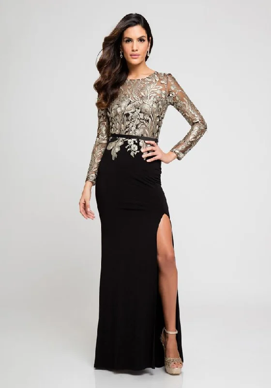 Bargain Blast Terani Couture - Embroidered Long sleeves Evening Gown 1723E4290 - 1 pc Black/Gold/Nude in Size 6 Available Bargain Blast Terani Couture - Embroidered Long sleeves Evening Gown 1723E4290 - 1 pc Black/Gold/Nude in Size 6 Available