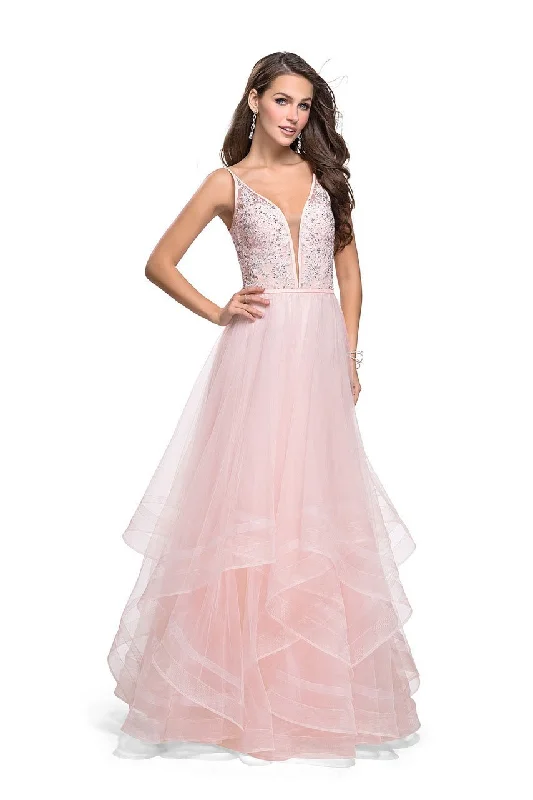 Today’s Deal La Femme Gigi - 25639 Beaded Lace V-neck Ruffled Tulle A-line Dress