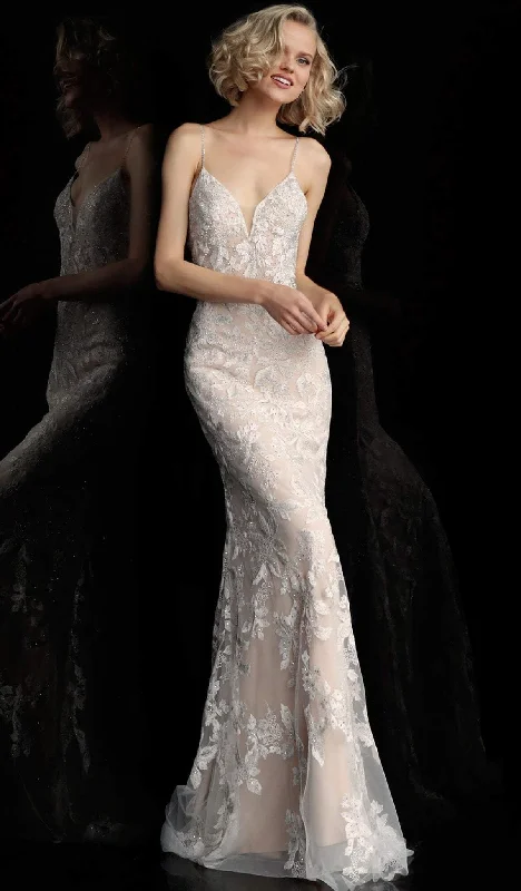 Limited Availability JVN by Jovani - Embroidered Plunging V-neck Trumpet Evening Gown JVN62330 - 1 pc Off-White/Nude In Size 4 Available Limited Availability JVN by Jovani - Embroidered Plunging V-neck Trumpet Evening Gown JVN62330 - 1 pc Off-White/Nude In Size 4 Available