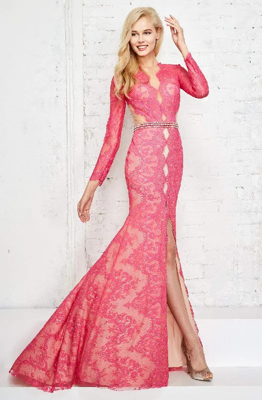 Year-End Clearance Angela & Alison Long Sleeve Illusion Lace High Slit Gown - 1 pc Fuchsia in Size 2 Available