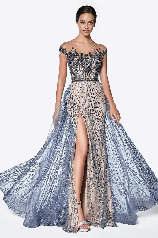 Season Finale Sale Cinderella Divine - CS030 Beaded Illusion Neckline Evening Dress with Overskirt - 1 pc Navy/Nude in Size 6 Available