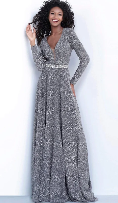 Discount Deals Jovani - Metallic Glitter Plunging V-Neck A-Line Dress 62812