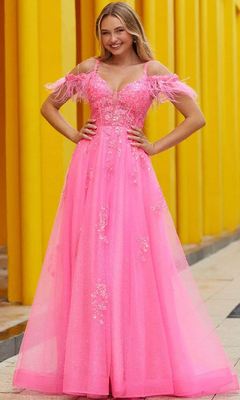 One-DAY Sale Amarra 88597 - Feathered Cold Shoulder Prom Gown