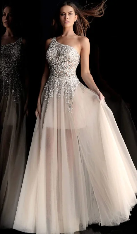 Final Clearance Jovani - Crystal Ornate Asymmetrical Sheer Gown 64893 - 1 pc Nude In Size 00 Available Final Clearance Jovani - Crystal Ornate Asymmetrical Sheer Gown 64893 - 1 pc Nude In Size 00 Available