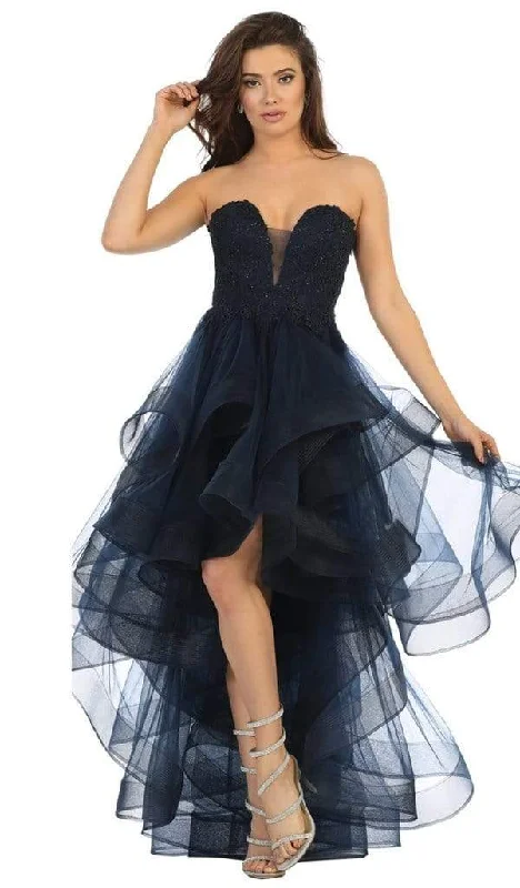 Price Buster May Queen - Lace Appliqued Plunging Sweetheart High Low Dress RQ7716 - 1 pc Navy In Size 16 Available Price Buster May Queen - Lace Appliqued Plunging Sweetheart High Low Dress RQ7716 - 1 pc Navy In Size 16 Available