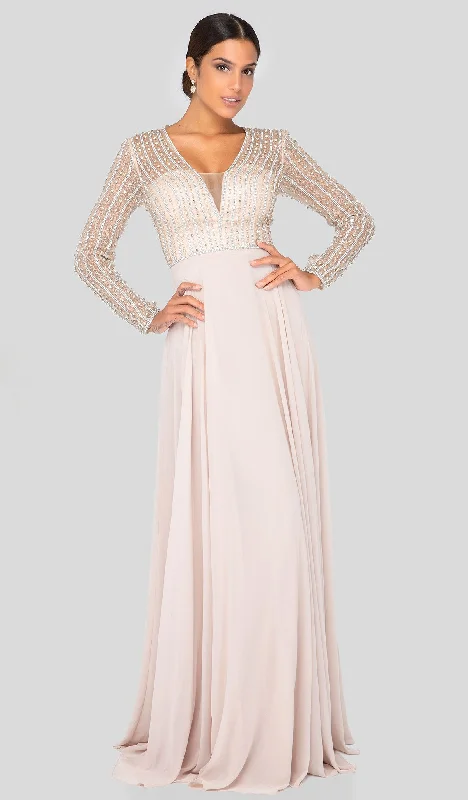 Crazy Deals Terani Couture - 1911M9326 Bead-Striped Sheer Long Sleeve Chiffon Gown Crazy Deals Terani Couture - 1911M9326 Bead-Striped Sheer Long Sleeve Chiffon Gown