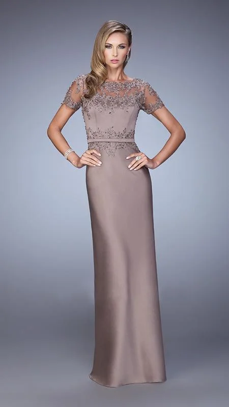 Special Price La Femme Beaded Short Sleeves Evening Gown