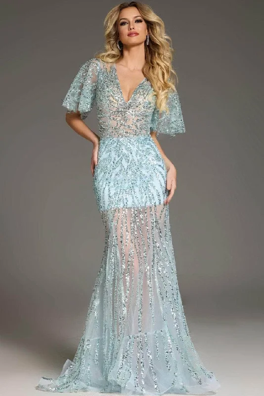 Overstock Jovani 39008 - Sequin Embellished Flutter Sleeve Prom Gown