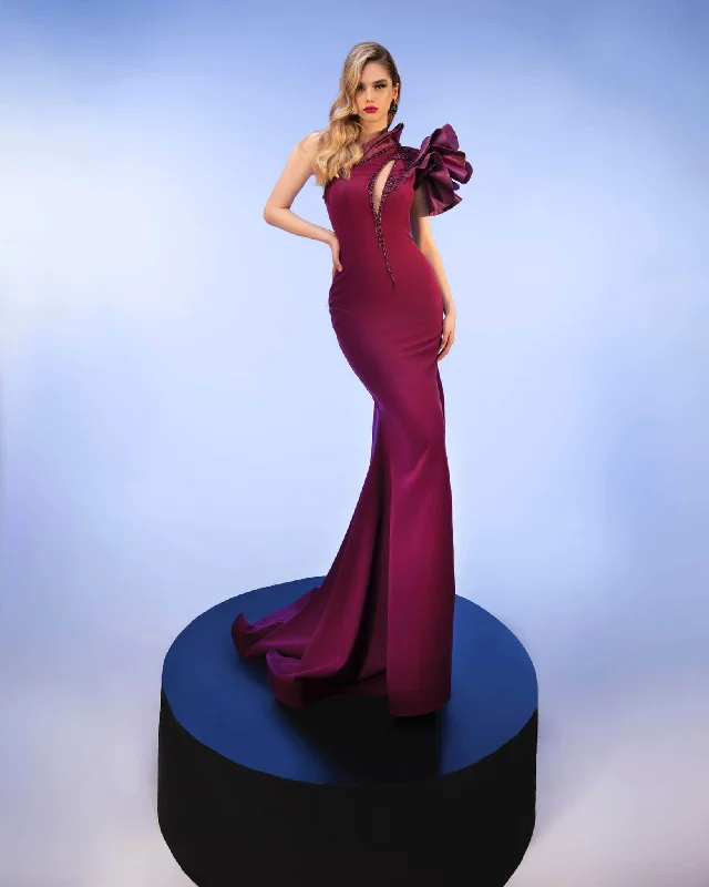 Quick Sale MNM Couture 2736A - One-Shoulder Ruffle Sleeve Gown