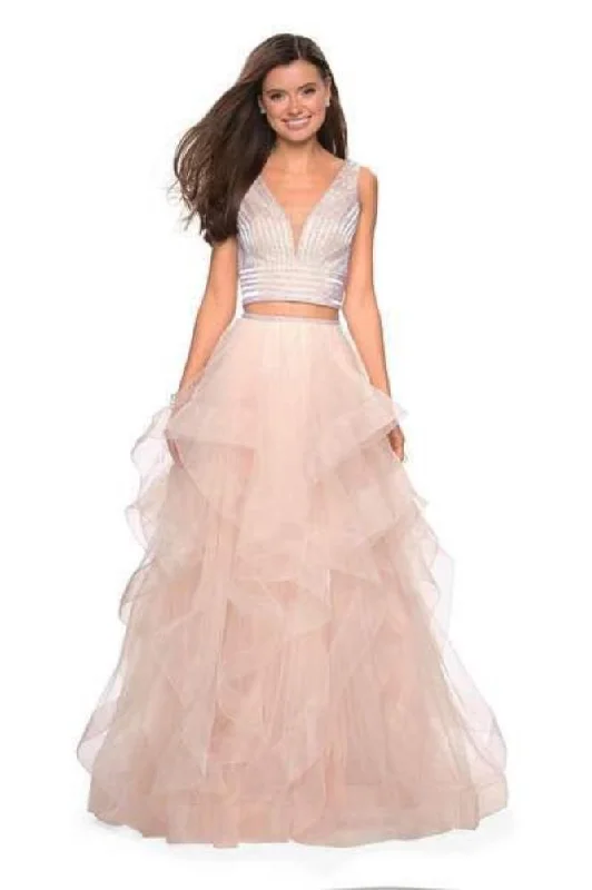 Deal of the Day La Femme - Two-Piece Plunging Beaded Tiered Evening Gown 27445SC