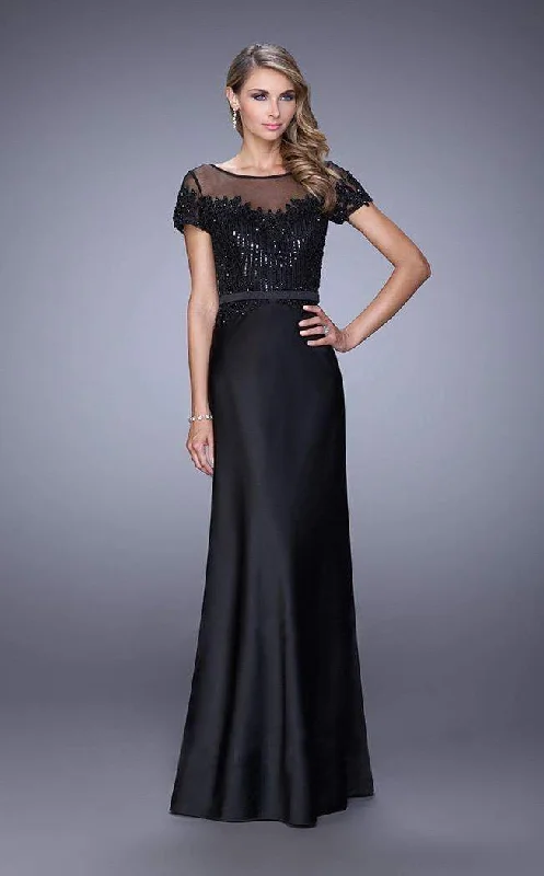 Closeout Sale La Femme - Sheer Embellished Bateau Evening Dress 21662 - 1 pc Black In Size 12 Available Closeout Sale La Femme - Sheer Embellished Bateau Evening Dress 21662 - 1 pc Black In Size 12 Available