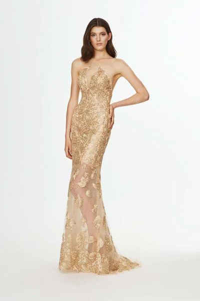 Buy More, Save More Angela & Alison - Metallic Lace Halter Trumpet Dress 91084 - 1 pc Gold In Size 2 Available Buy More, Save More Angela & Alison - Metallic Lace Halter Trumpet Dress 91084 - 1 pc Gold In Size 2 Available