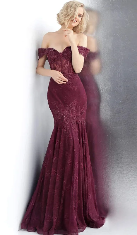 Best Seller JVN by Jovani - Lace Foldover Off Shoulder Corset Trumpet Dress JVN66981 - 1 pc Bordeaux In Size 2 Available Best Seller JVN by Jovani - Lace Foldover Off Shoulder Corset Trumpet Dress JVN66981 - 1 pc Bordeaux In Size 2 Available