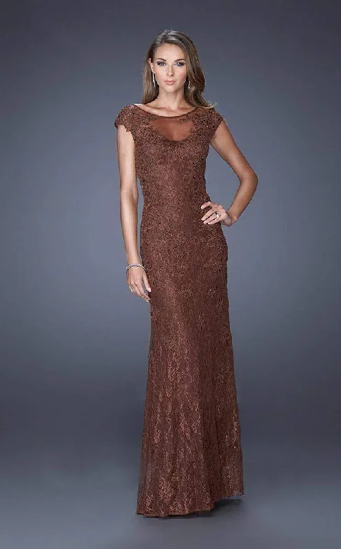Great Deals La Femme - Illusion Bateau Cap Sleeve Sheath Dress 20490 - 1 pc Chocolate In Size 8 Available Great Deals La Femme - Illusion Bateau Cap Sleeve Sheath Dress 20490 - 1 pc Chocolate In Size 8 Available