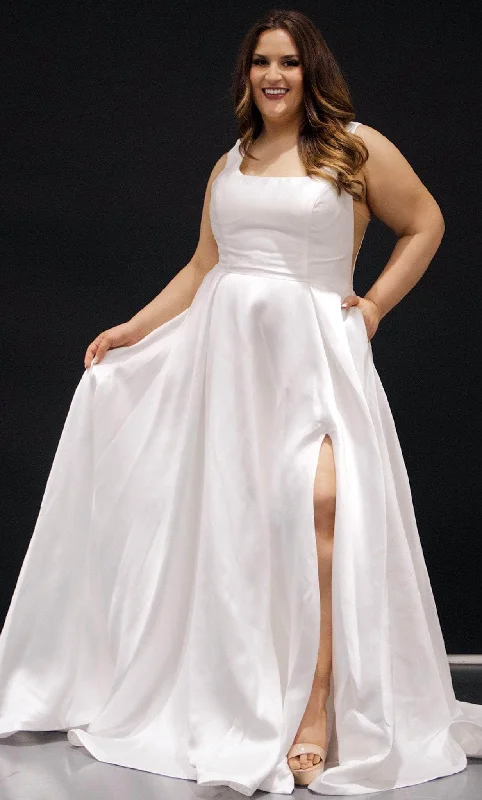 Deal Dash Sydney's Closet Bridal SC5293 - Square Neck Satin Minimalist Gown