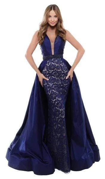 New Arrival Tarik Ediz - Embellished Deep V-neck Lace Dress With Overskirt 50430 - 1 pc Navy In Size 4 Available