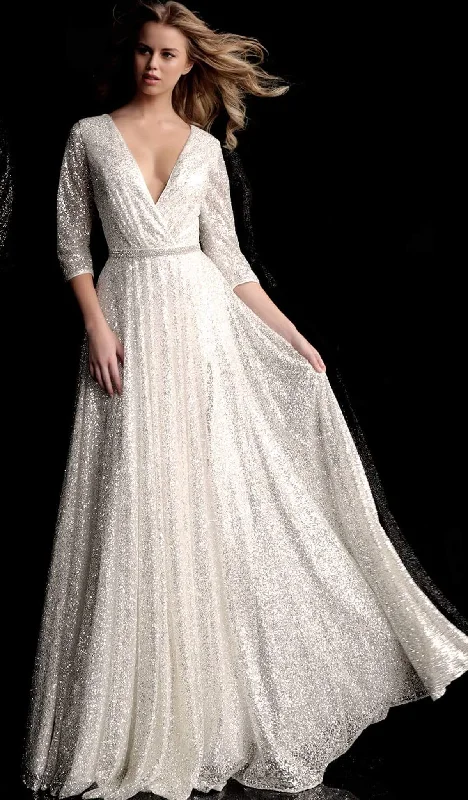 Online Only Jovani - Quarter Sleeve Draped Surplice A-Line Gown 64018