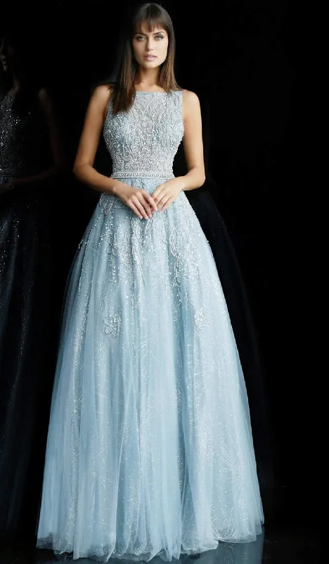 Members Only Jovani - Foliage Embellished Bateau Ballgown 62147 - 1 pc Light Blue In Size 12 Available