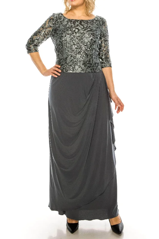 Final Clearance Maya Brooke 28232 - Silver Sequined Quarter Sleeved Formal Dress