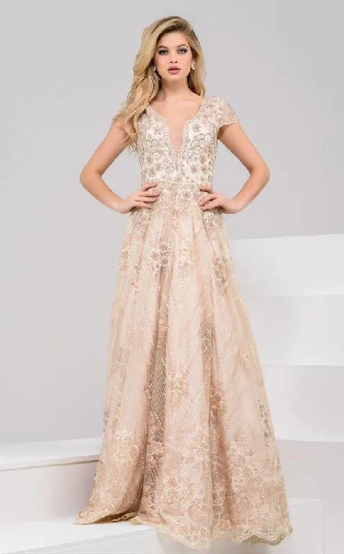 Value Deals Jovani Gilded Lace Illusion V-Neck Evening Gown 48943